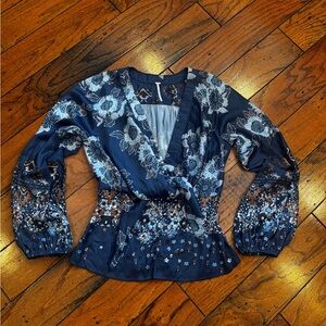 Free People Silk Navy and Brown Patterned Blouse